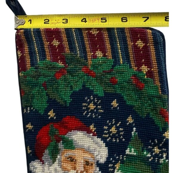 Santa Needlepoint Christmas Stocking Wool Teddy Bear Tree Holly Blue Velvet 18" - Picture 10 of 10